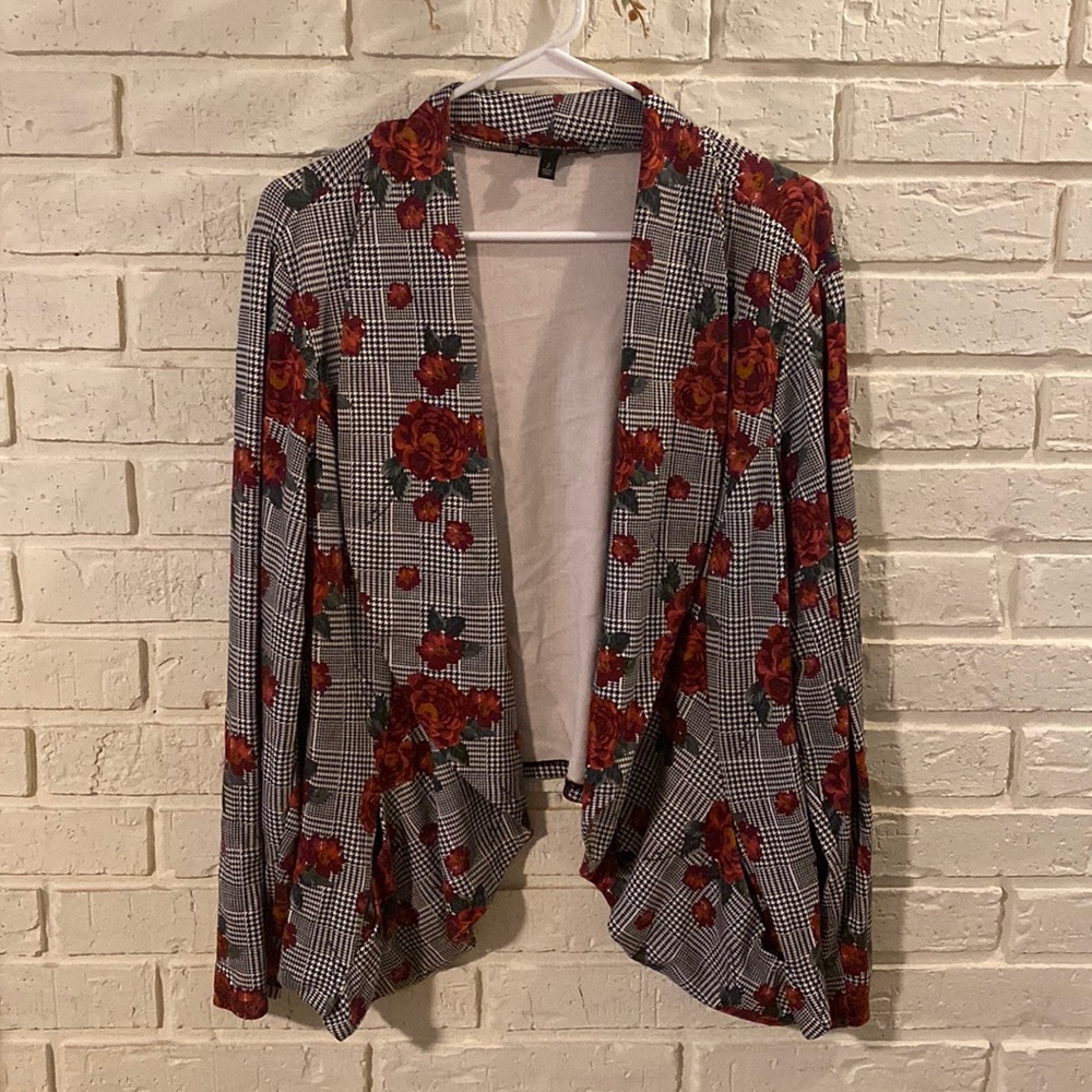 Houndstooth Plaid & Floral Drape Front Premium Ponte Blazer